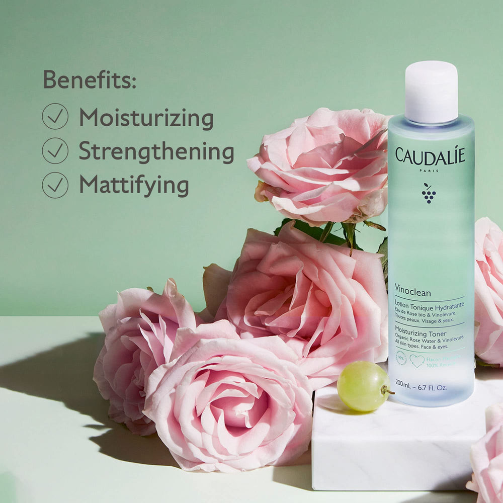 Caudalie close-up of rose water texture highlighting soothing hydration benefit
