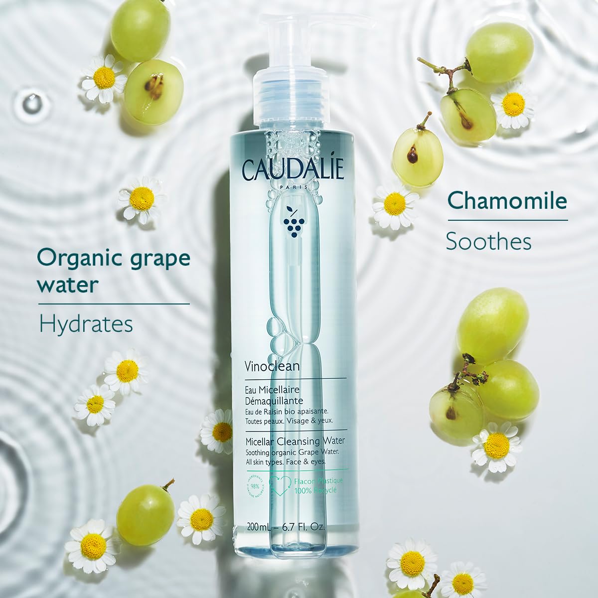 Droplet texture of Caudalie Vinoclean micellar water showing lightweight hydrating benefit