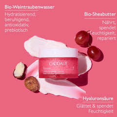 Caudalie open jar top view revealing dense, nourishing cream for deep hydration