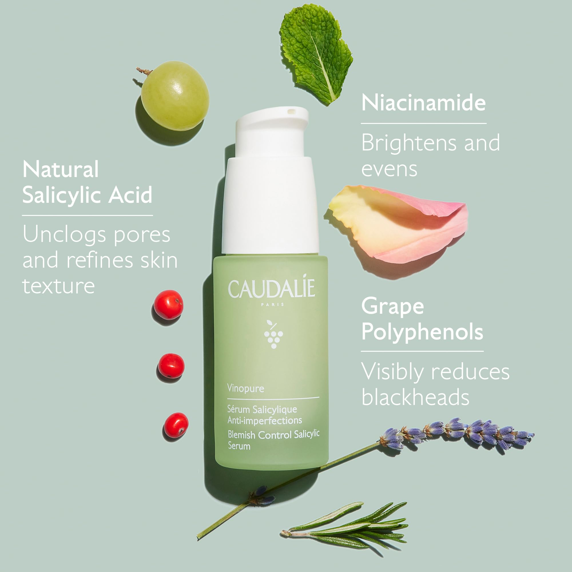 Label close-up highlighting Caudalie ingredients and clarifying benefits