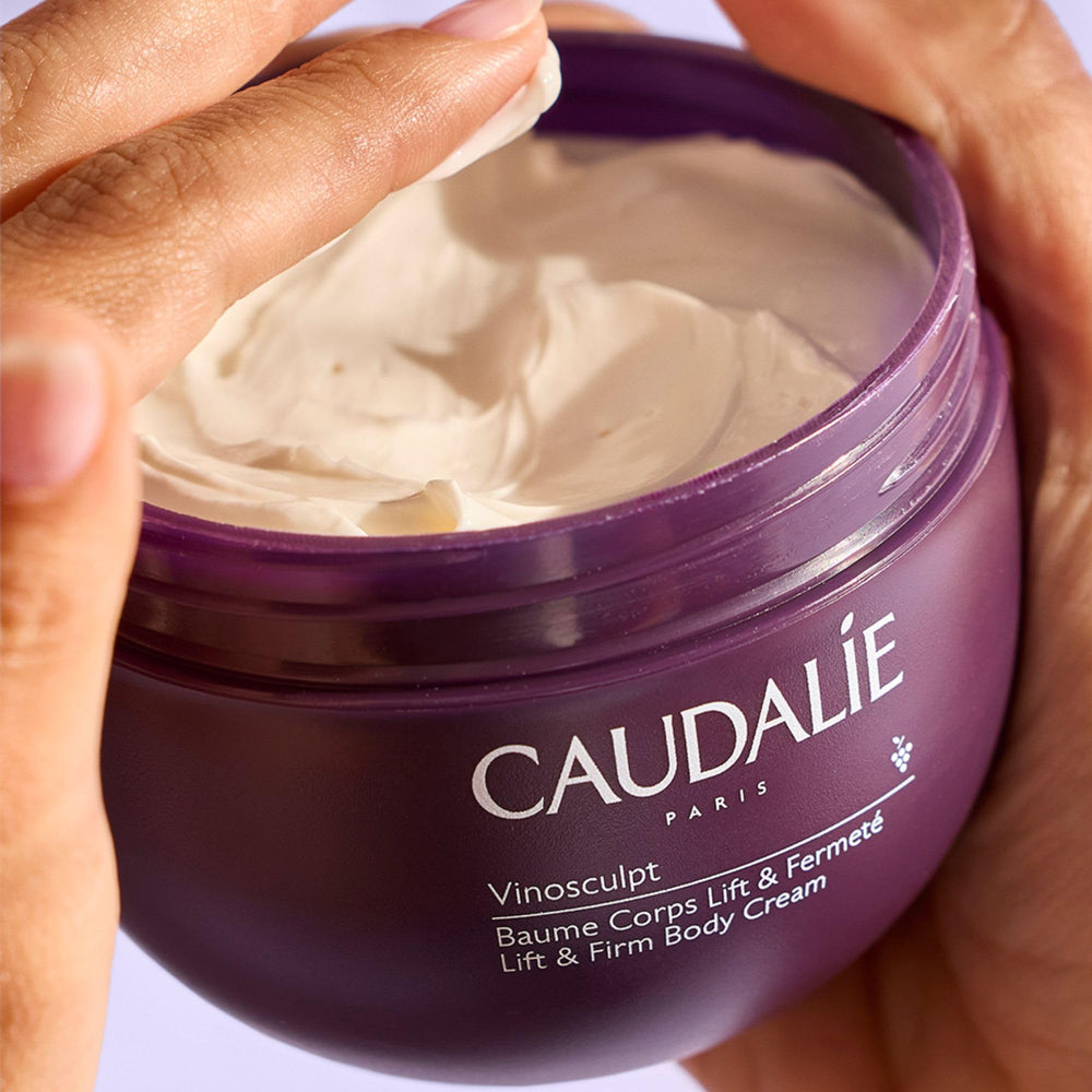 Caudalie Vinosculpt applied to thigh in lifestyle setting demonstrating massage technique and visibly toned appearance benefit