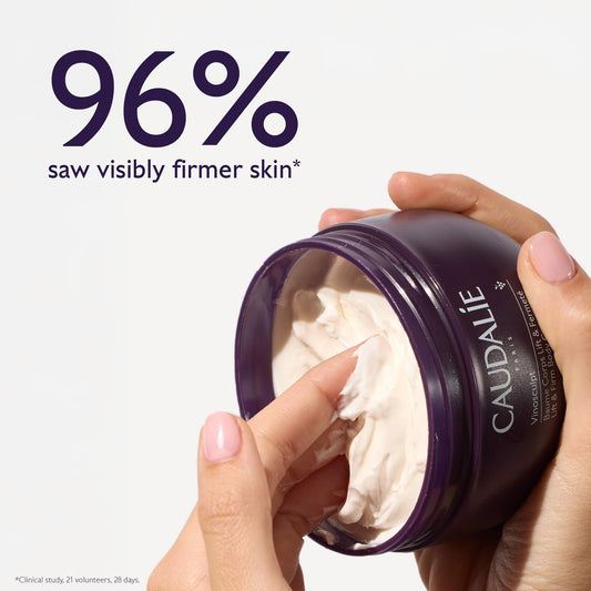 Caudalie Vinosculpt whipped cream texture closeup highlighting smooth, fast-absorbing formula and hydrated skin benefit