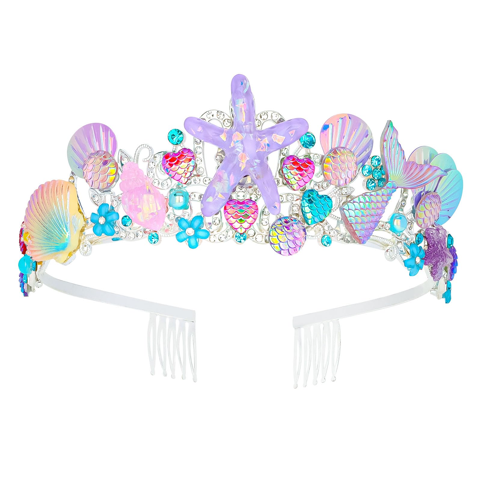 CAVETEE mermaid crown front view showing pink tails and starfish, adds regal sparkle