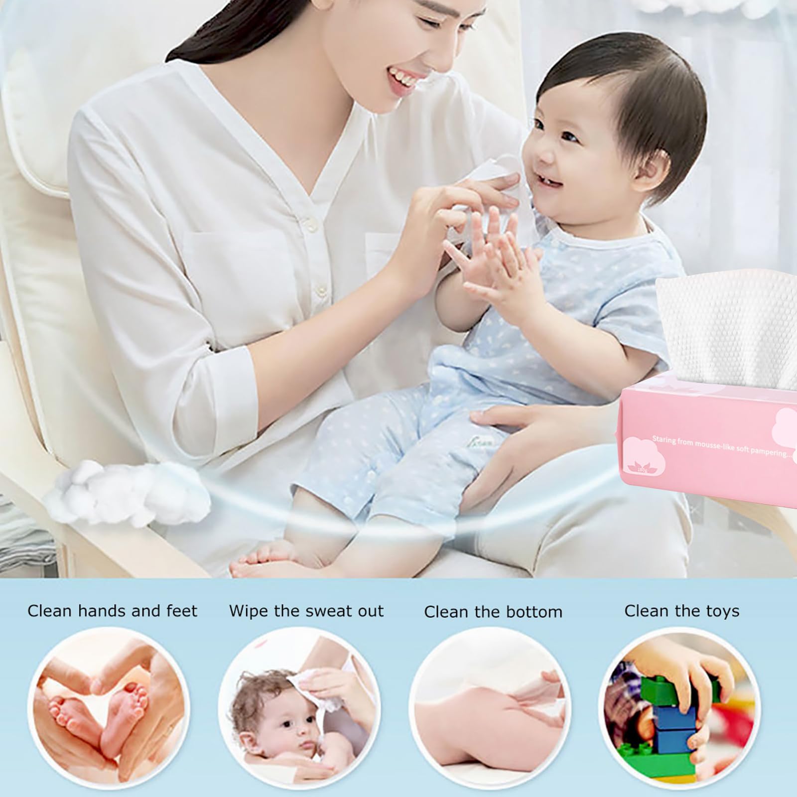 Cayxenful wipe used on baby skin demonstrating gentle, chemical-free care