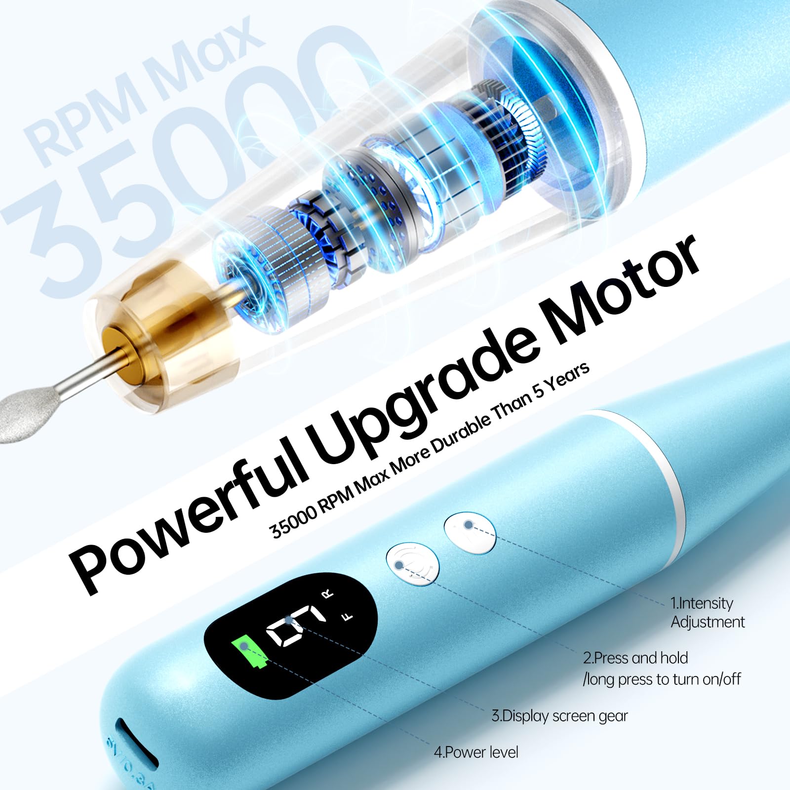 Ccigedy nail drill in use during manicure showing smoother, faster filing benefit