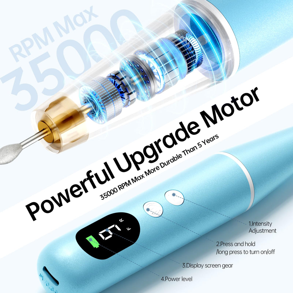 Ccigedy nail drill in use during manicure showing smoother, faster filing benefit