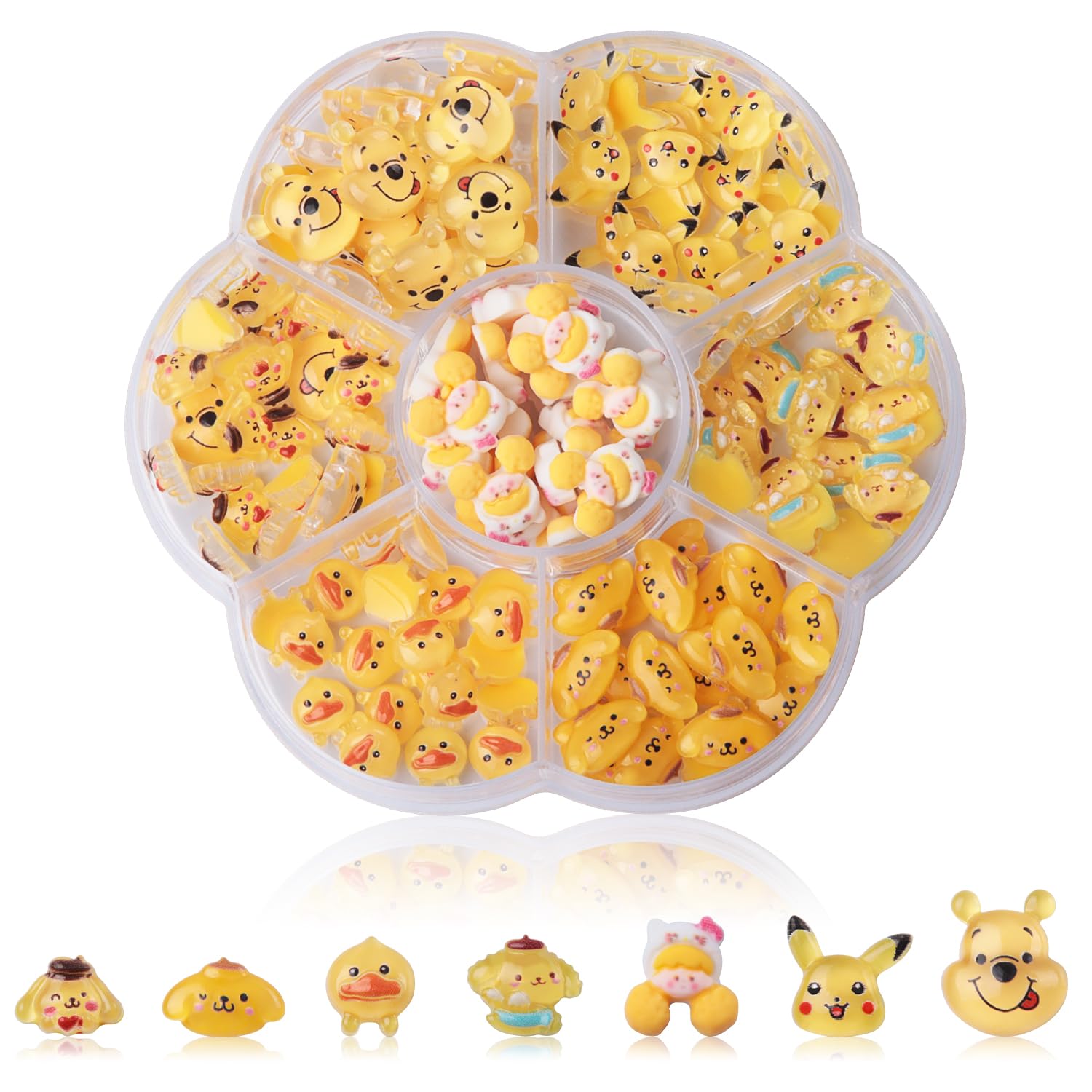 CDBOVID front packaging showing full 140-piece yellow cartoon charms kit benefits