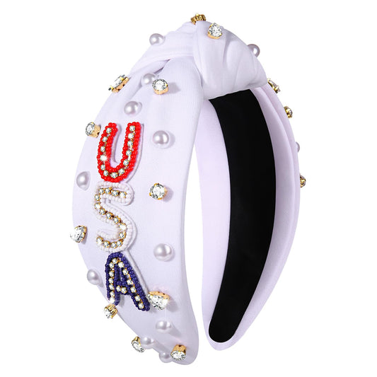 CEALXHENY front view of USA-White headband showing patriotic design and comfortable fit