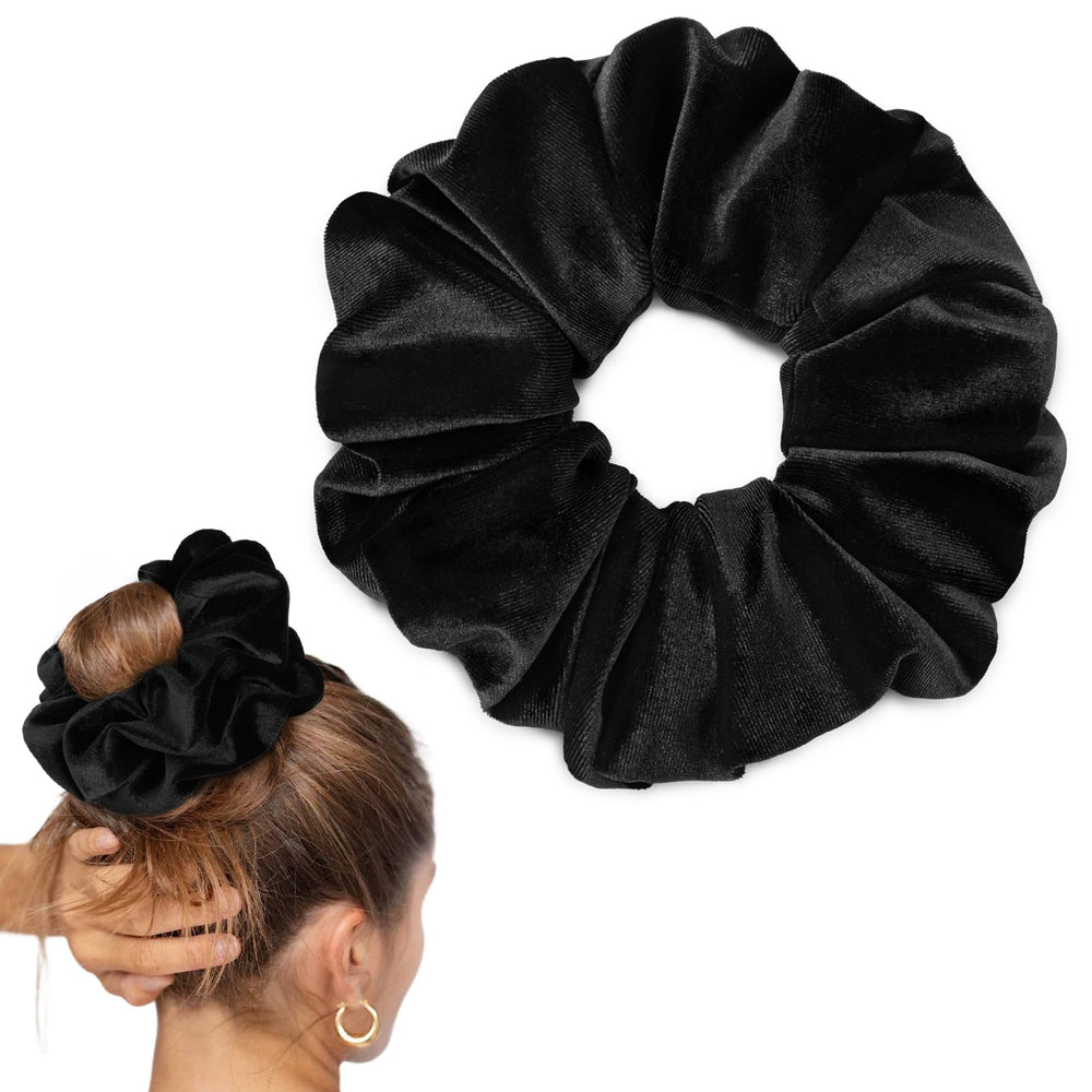 CEELGON black scrunchie front view showing plush velvet and full shape for secure hold