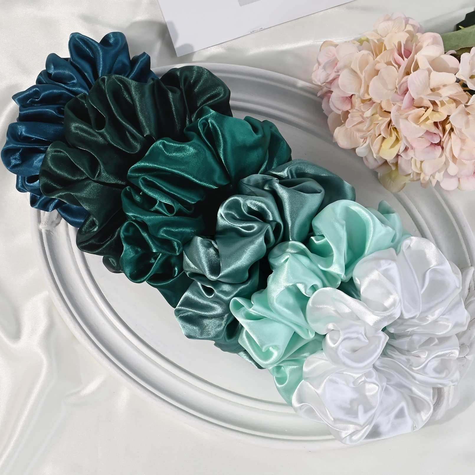 CEELGON six green scrunchies flat lay showing coordinated shades for outfit matching