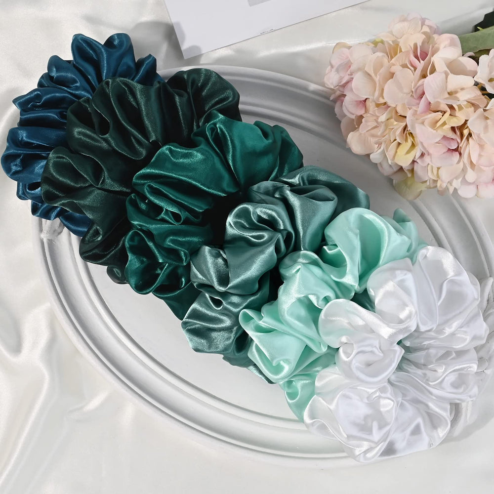 CEELGON six green scrunchies flat lay showing coordinated shades for outfit matching