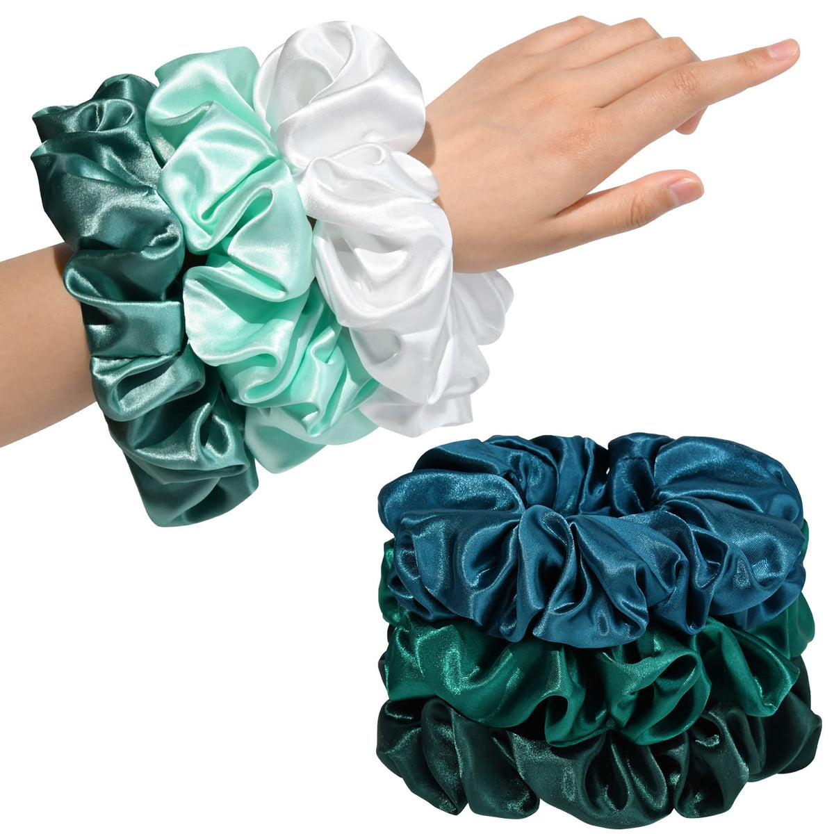 CEELGON front pack of six green jumbo scrunchies showing color range and packaging benefit