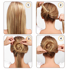 Cehony pin hidden in a bun demonstrating discreet, secure hold