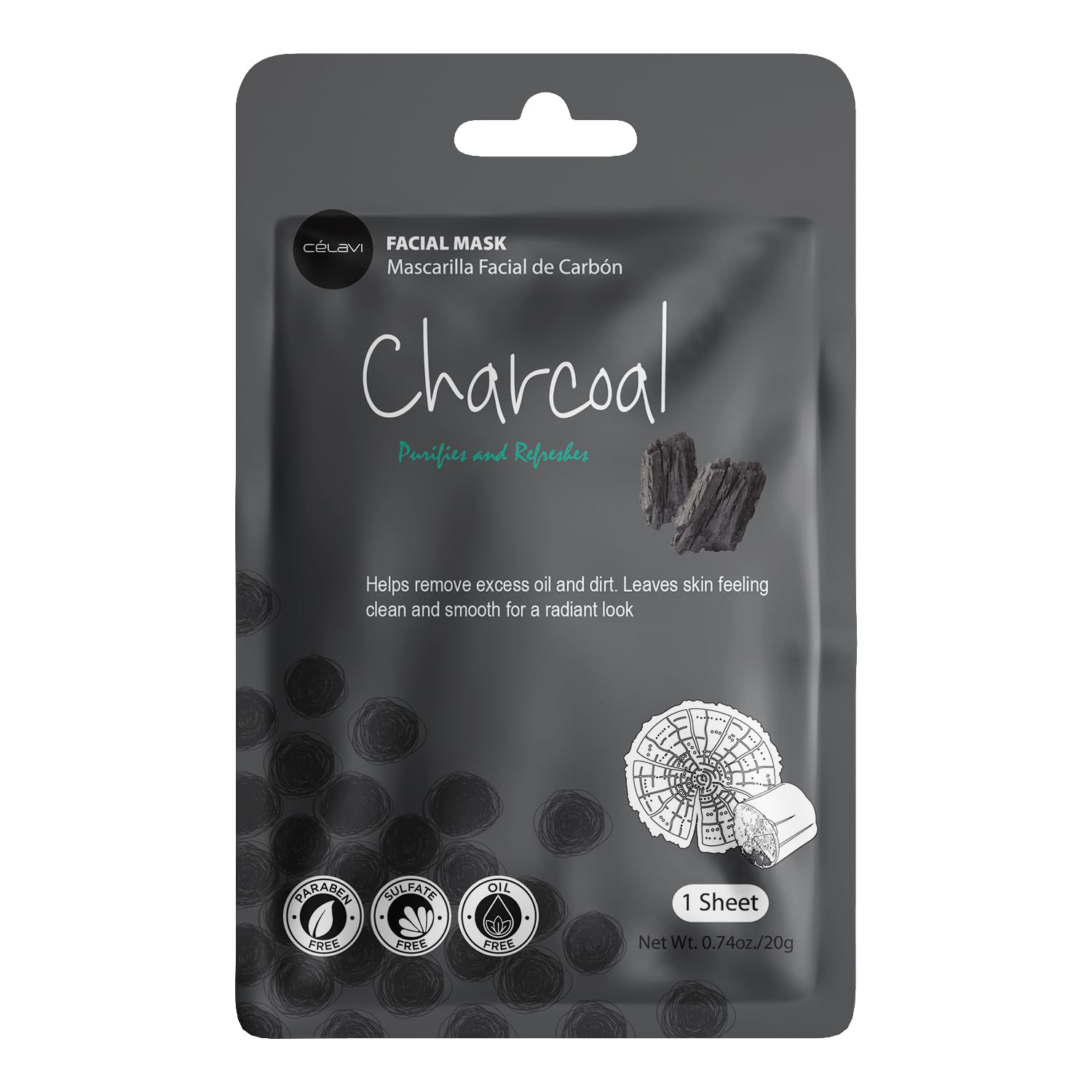 Celavi charcoal mask black sheet detail demonstrating oil-control benefit