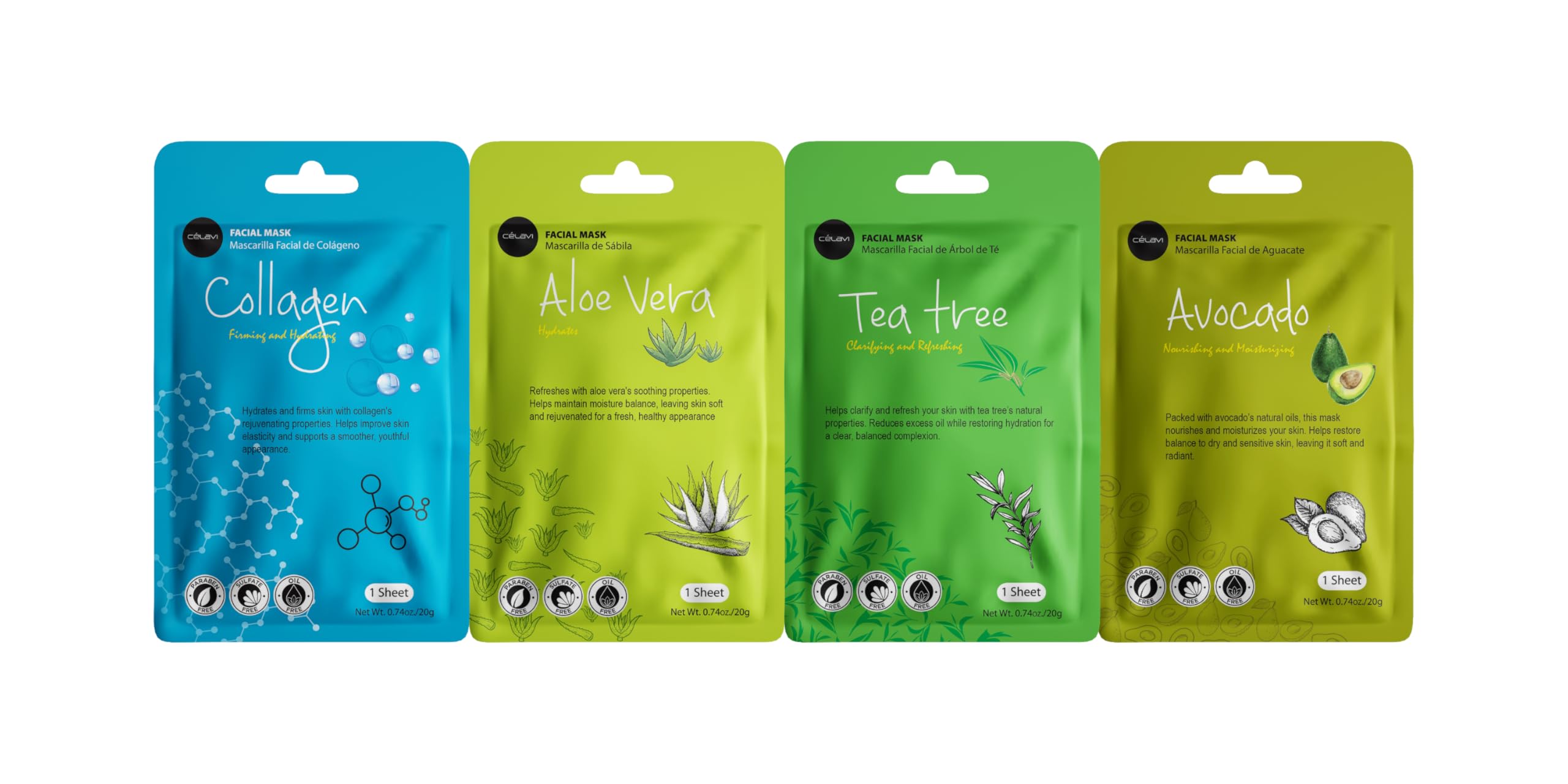Celavi close-up of mask sachet labels highlighting each essence benefit