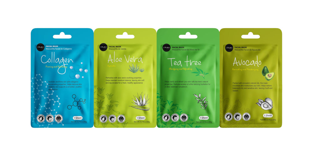 Celavi close-up of mask sachet labels highlighting each essence benefit