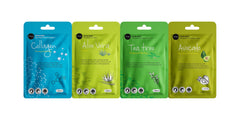 Celavi close-up of mask sachet labels highlighting each essence benefit