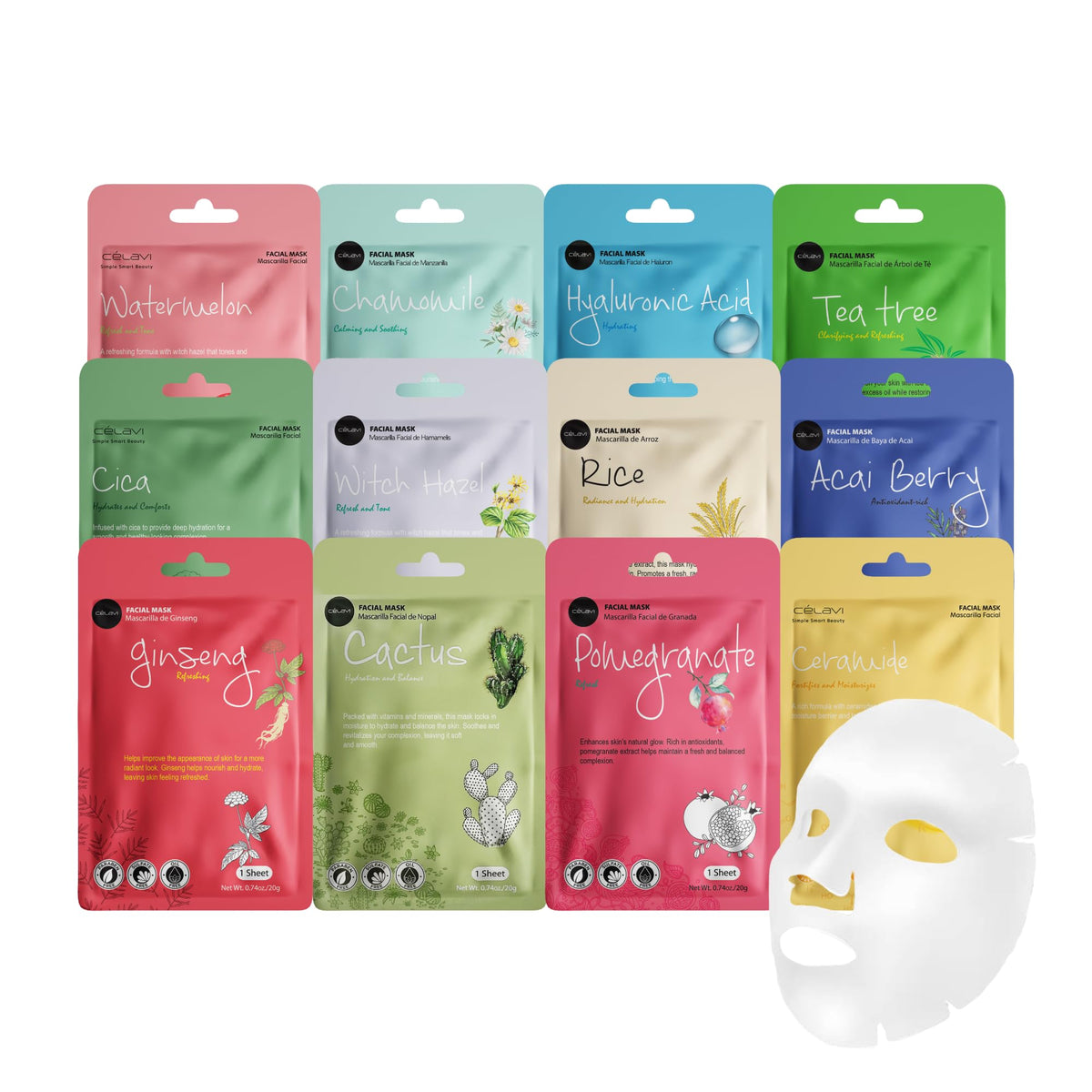 Celavi Cosmetics front pack showing 12 individually wrapped essence masks benefits