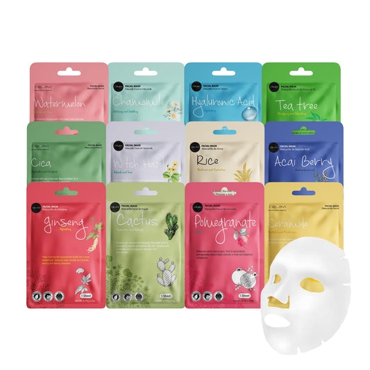 Celavi Cosmetics front pack showing 12 individually wrapped essence masks benefits