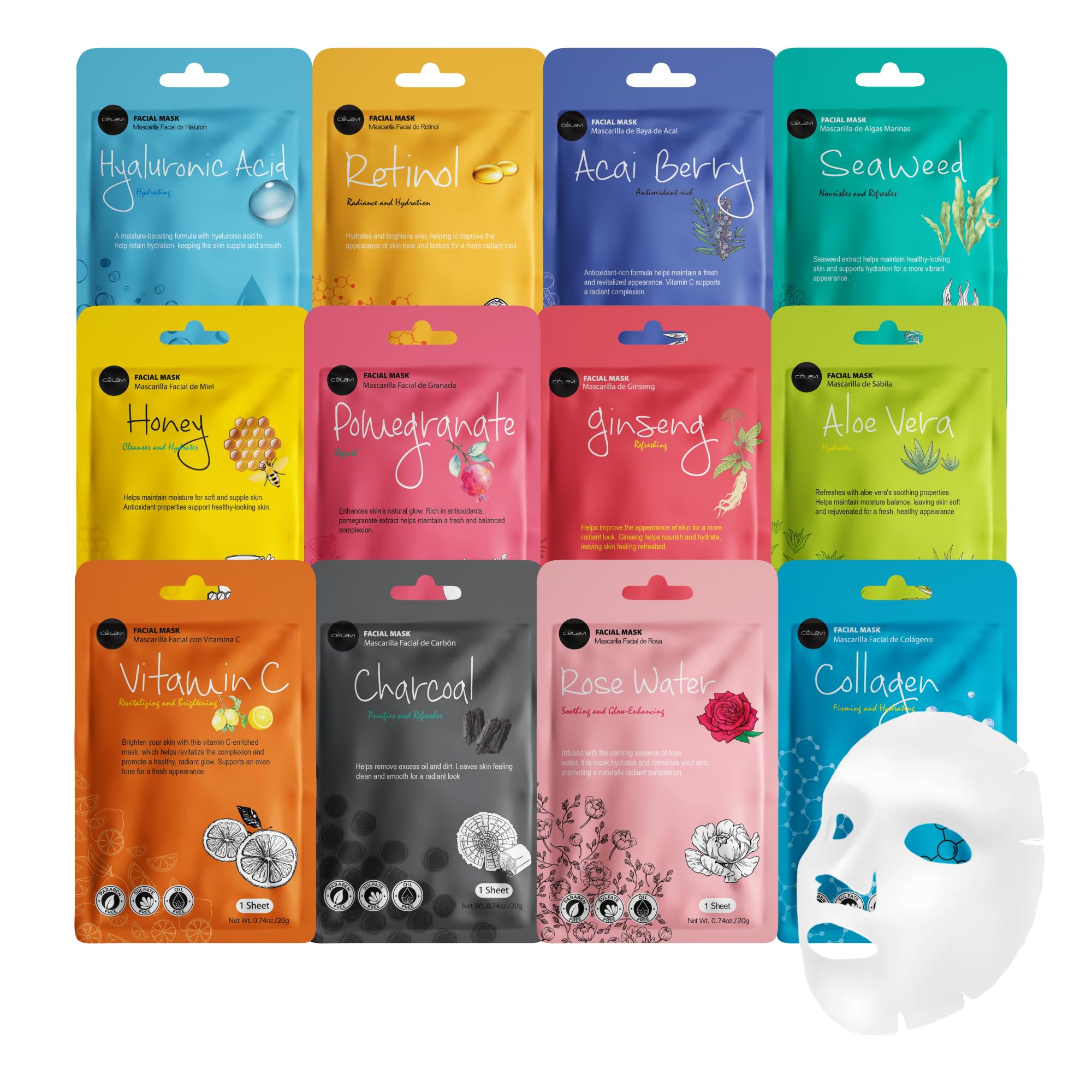Celavi Cosmetics front packaging showing the 12-mask set and benefits