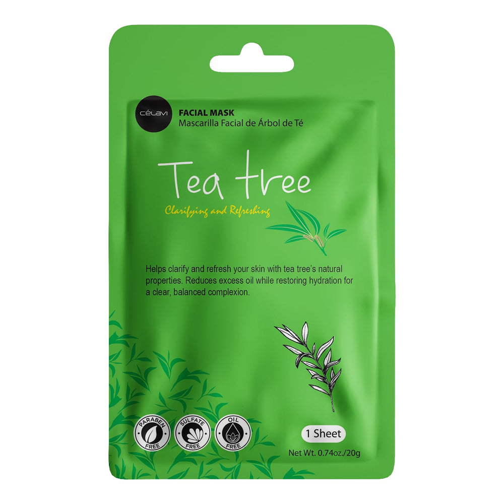 Celavi tea tree mask close-up showing sheet texture and calming benefit