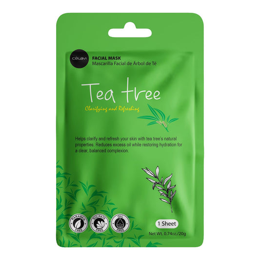 Celavi tea tree mask close-up showing sheet texture and calming benefit