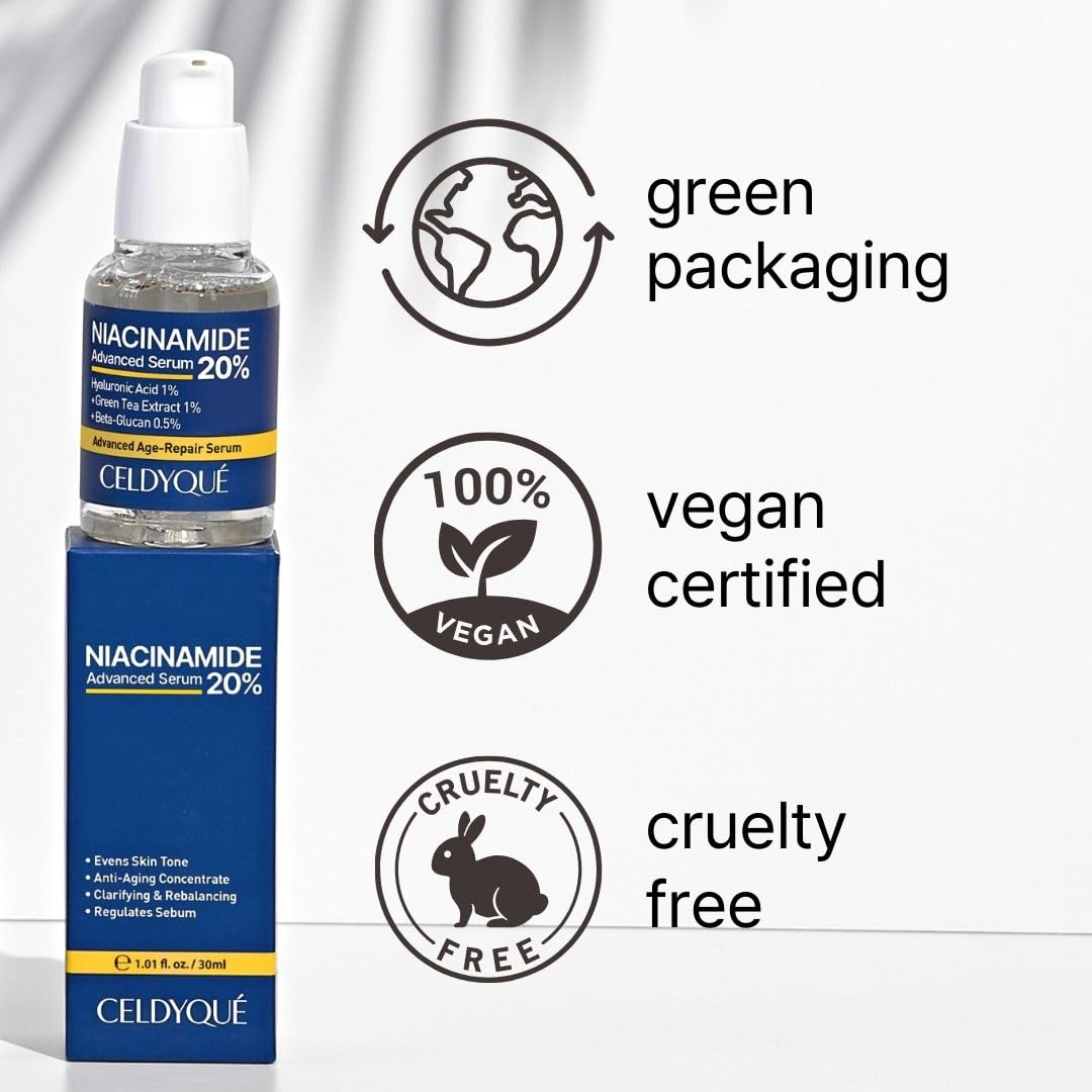CELDYQUE ingredient label close-up, emphasizes high niacinamide strength