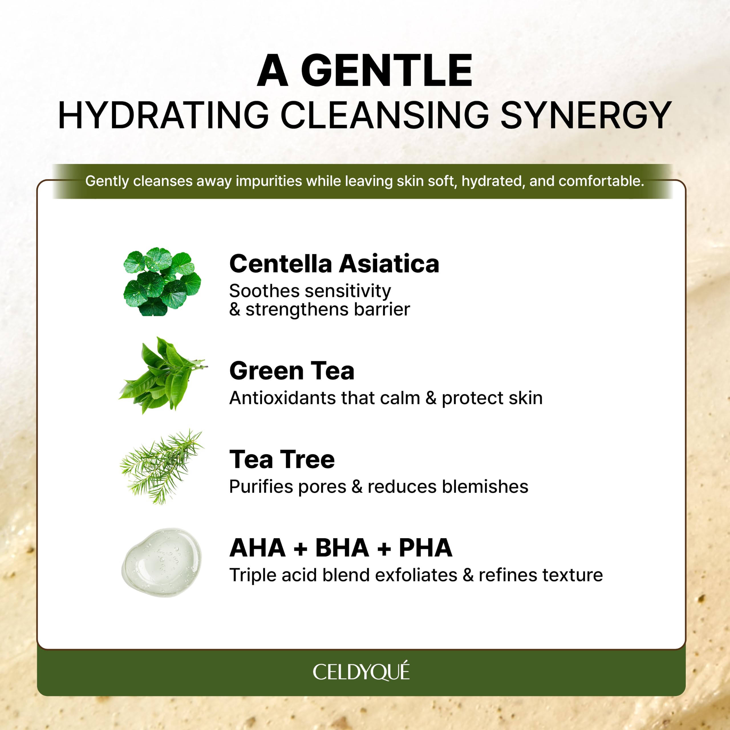 CELDYQUE label close-up highlighting AHA BHA PHA ingredients