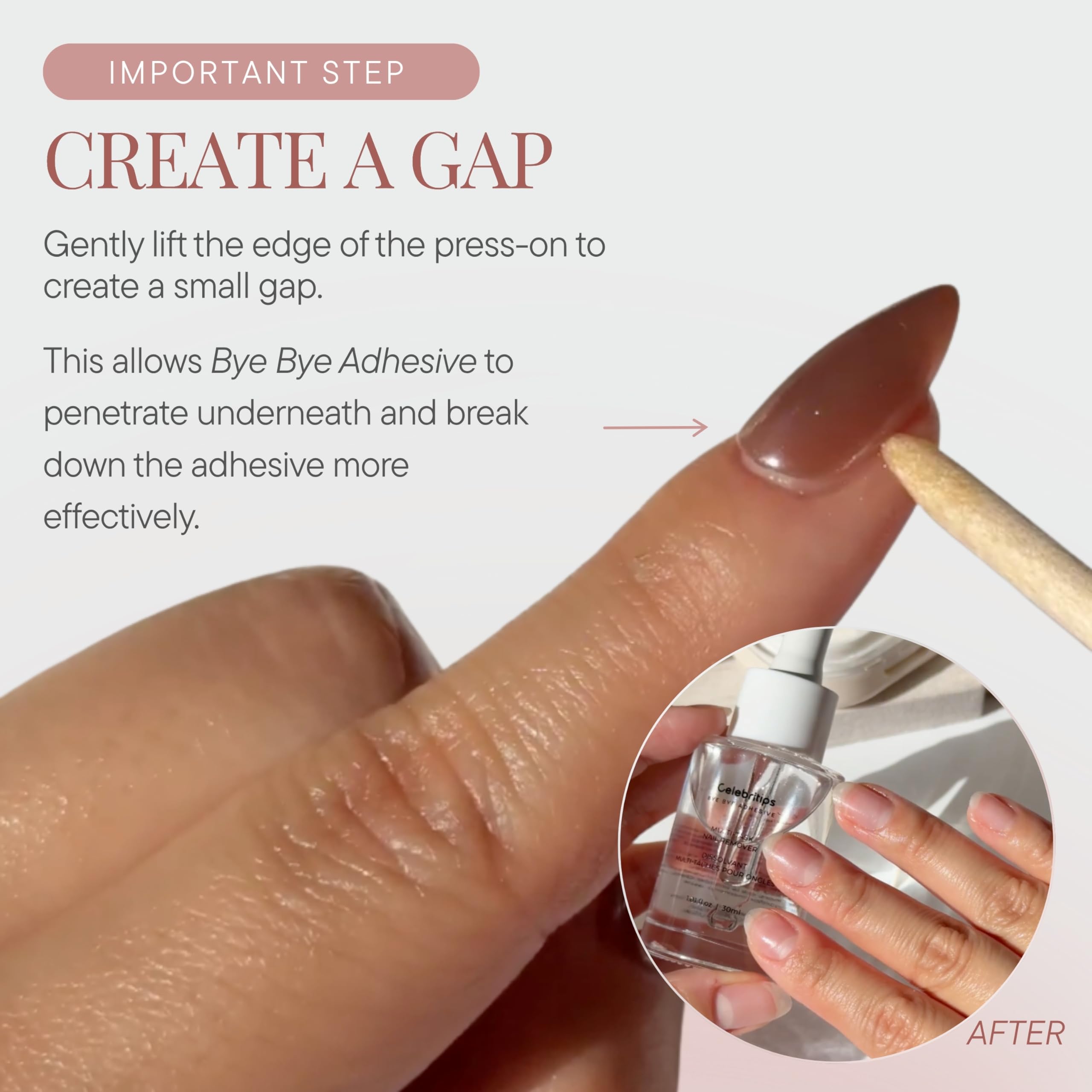 Hand using Celebritips remover on press-on nails demonstrating safe, damage-free removal benefit