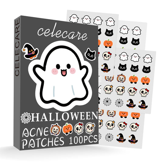 CELECARE front packaging showing Halloween pimple patch designs and count, protective and fun