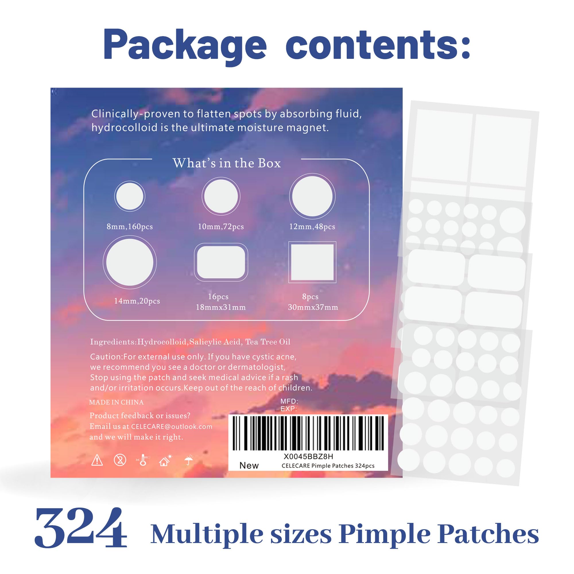 CELECARE patches laid out by size demonstrating selection and coverage benefit
