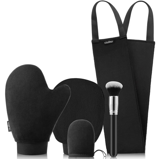 CeleCily full kit displayed showing all five tanning tools and benefits