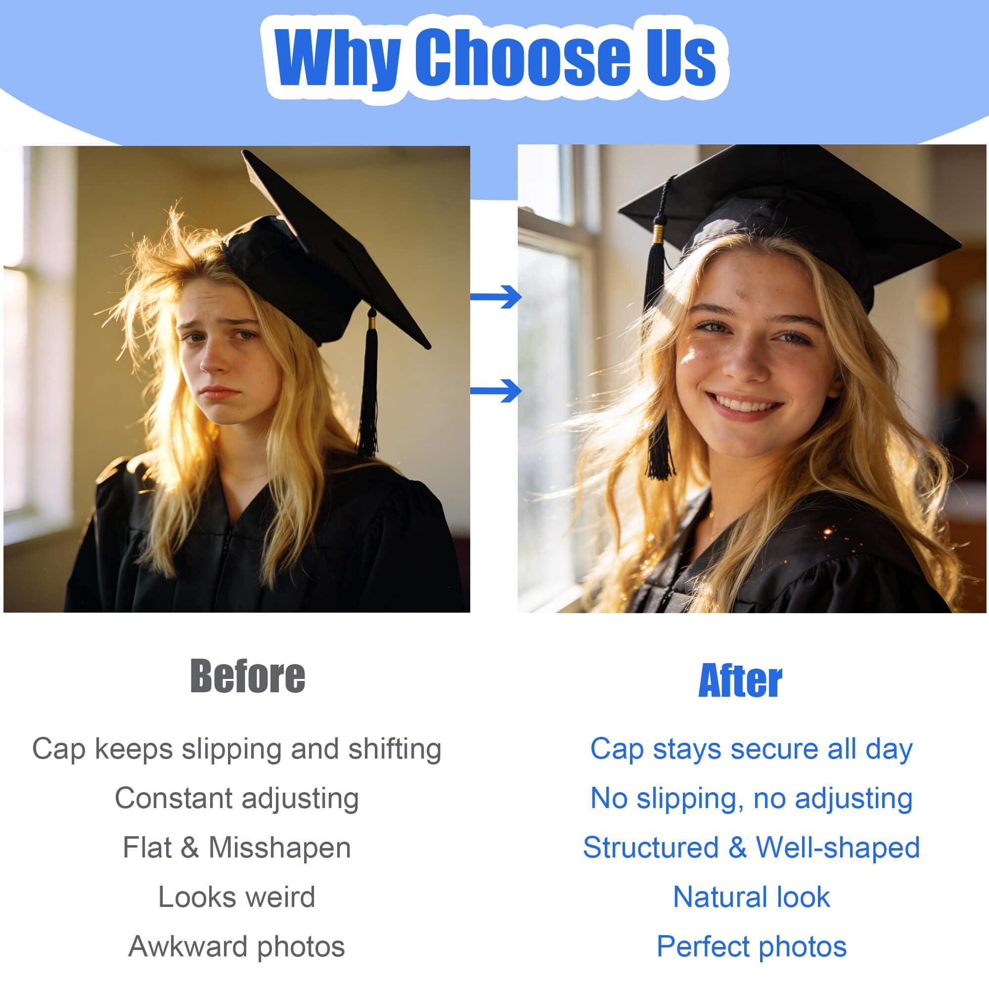 Celepaty mortarboard on graduate in group photo for confident, stable wear