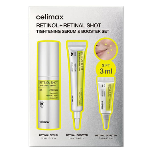 celimax retinol serum front packaging showing full-size bottle and benefits