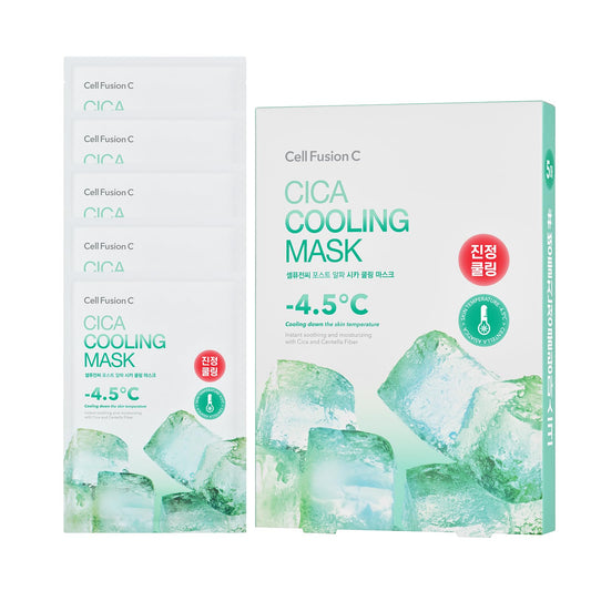 Cell Fusion C front packaging showing five cooling sheet masks and product benefit