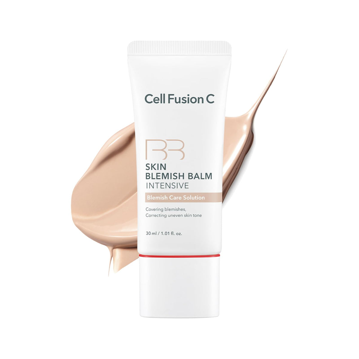 Cell Fusion C front packaging showing tube and shade, benefits even coverage