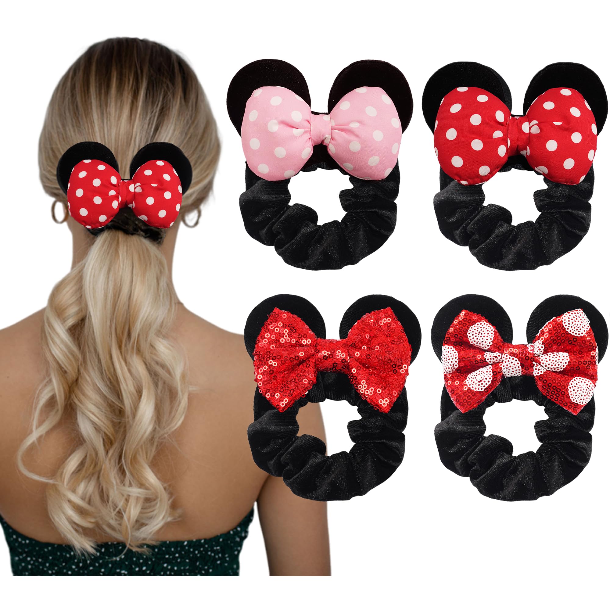 CellElection front view of four mouse-ear scrunchies showing colorful packaging and playful appeal