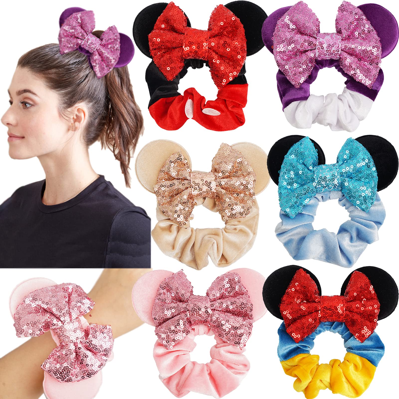CellElection front packaging showing six colorful velvet sequin scrunchies and bows, great for gifting