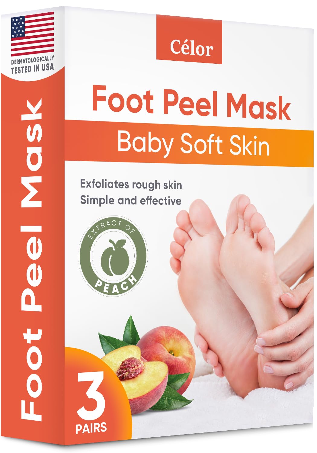 CÉLOR front packaging showing three pairs and peach scent, promotes easy at-home foot care