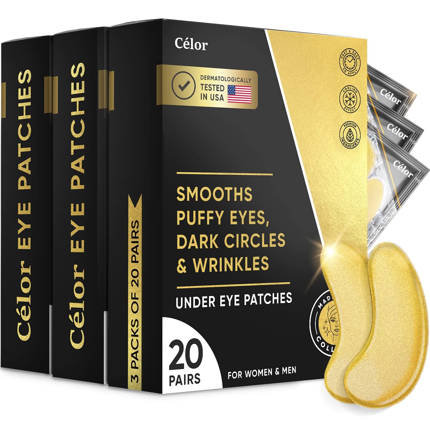 CÉLOR front packaging displaying gold under eye patches and benefits