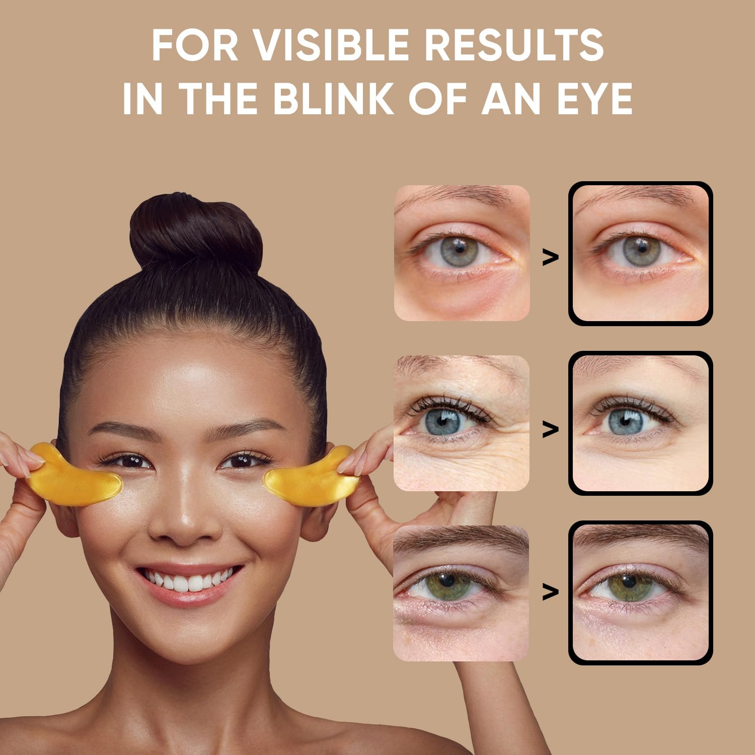 CÉLOR patch applied under eye demonstrating de-puffing and comfort