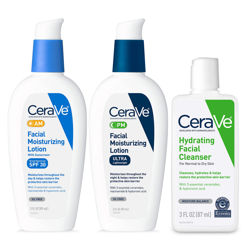 CeraVe front packaging of the three travel-size products, convenient and protective