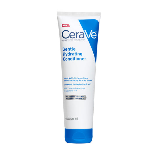 CeraVe bottle front view showing gentle hydrating conditioner; clear labeling and clinical design