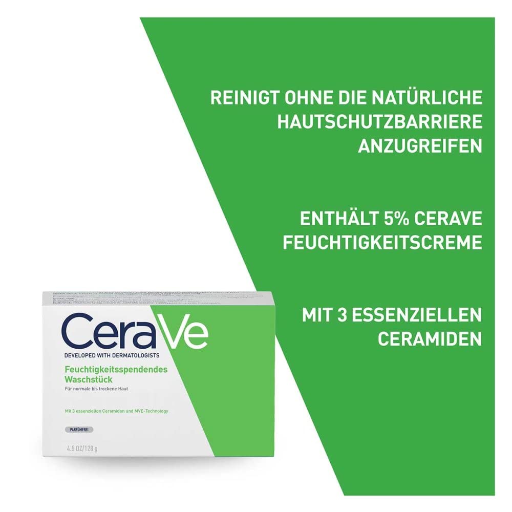 Ingredients label on CeraVe bar emphasizing ceramides and hyaluronic acid