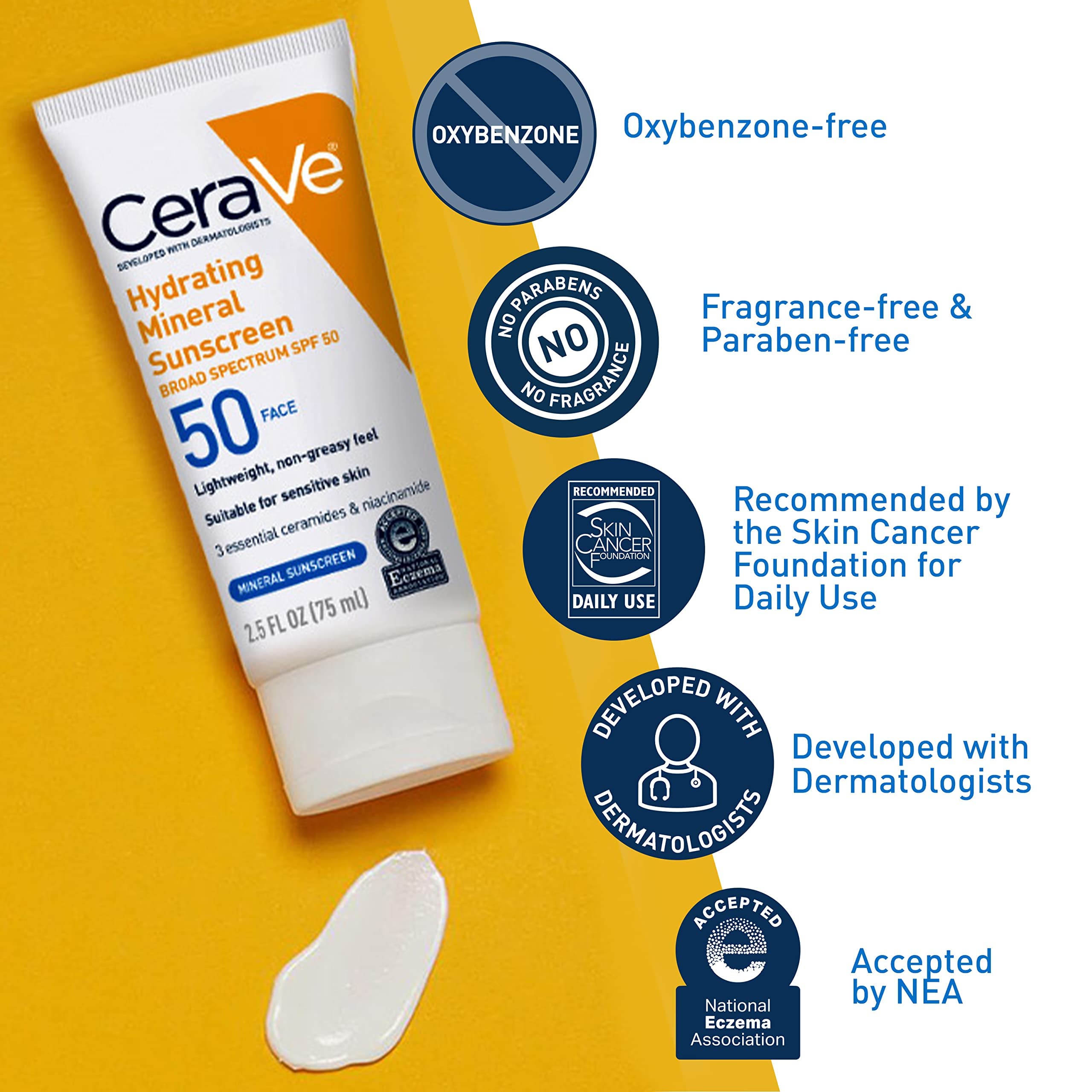 CeraVe sunscreen label close-up listing zinc oxide, titanium dioxide and ceramides benefits