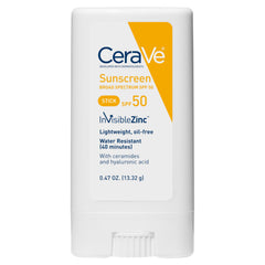 CeraVe stick front packaging showing SPF50 and clear finish benefit