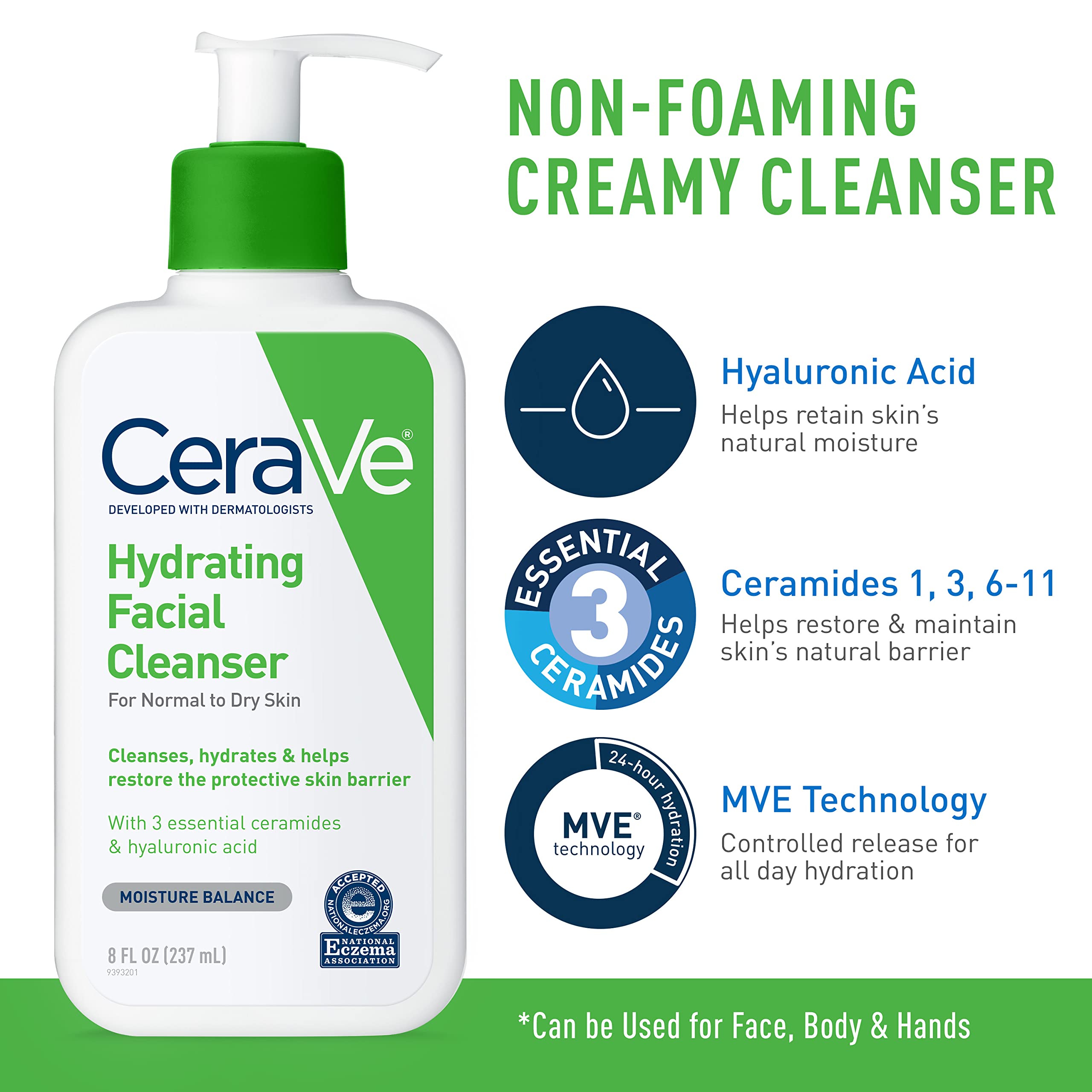 CeraVe moisturizing cream jar open showing rich texture and quick-absorbing, non-greasy benefit