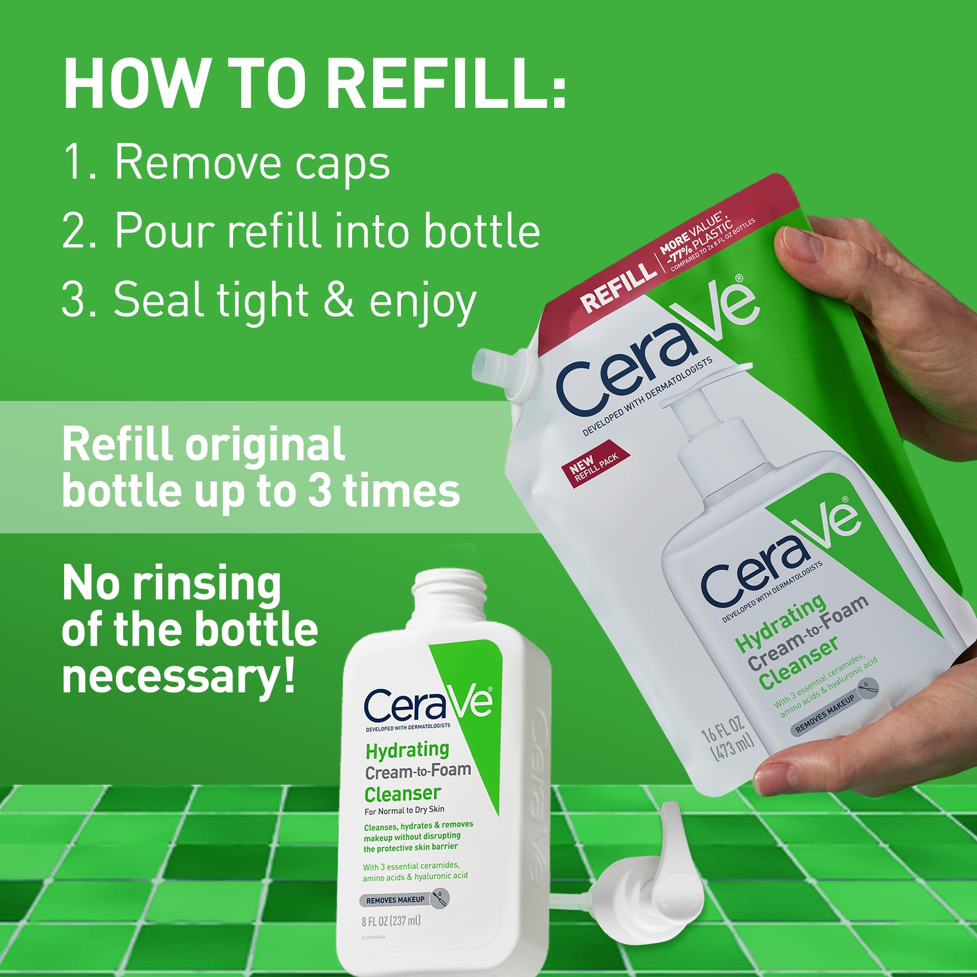 CeraVe dispensing cream into hand illustrating easy application and makeup removal