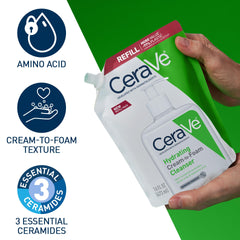 CeraVe refill bottle next to hand showing scale and value per ounce benefit