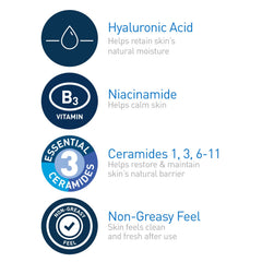 CeraVe label close-up listing ceramides, hyaluronic acid and niacinamide benefits